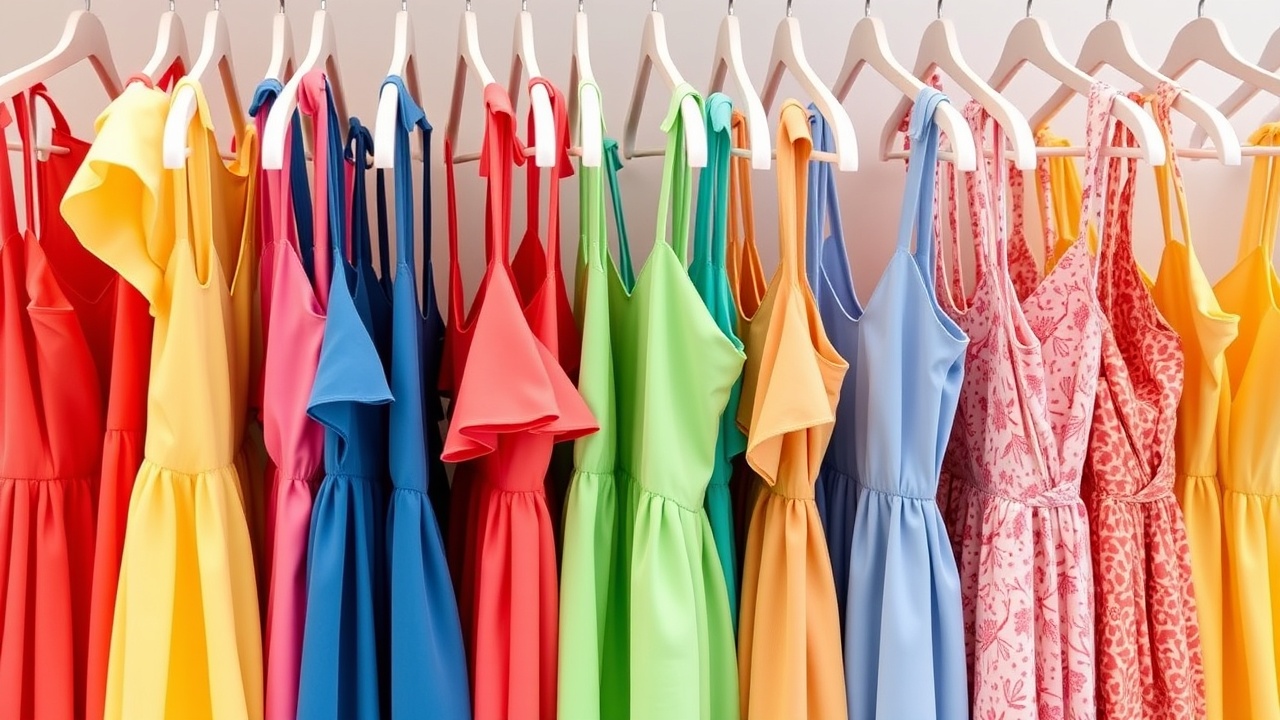 Řada letních šatů na ramínkách v jasných barvách.